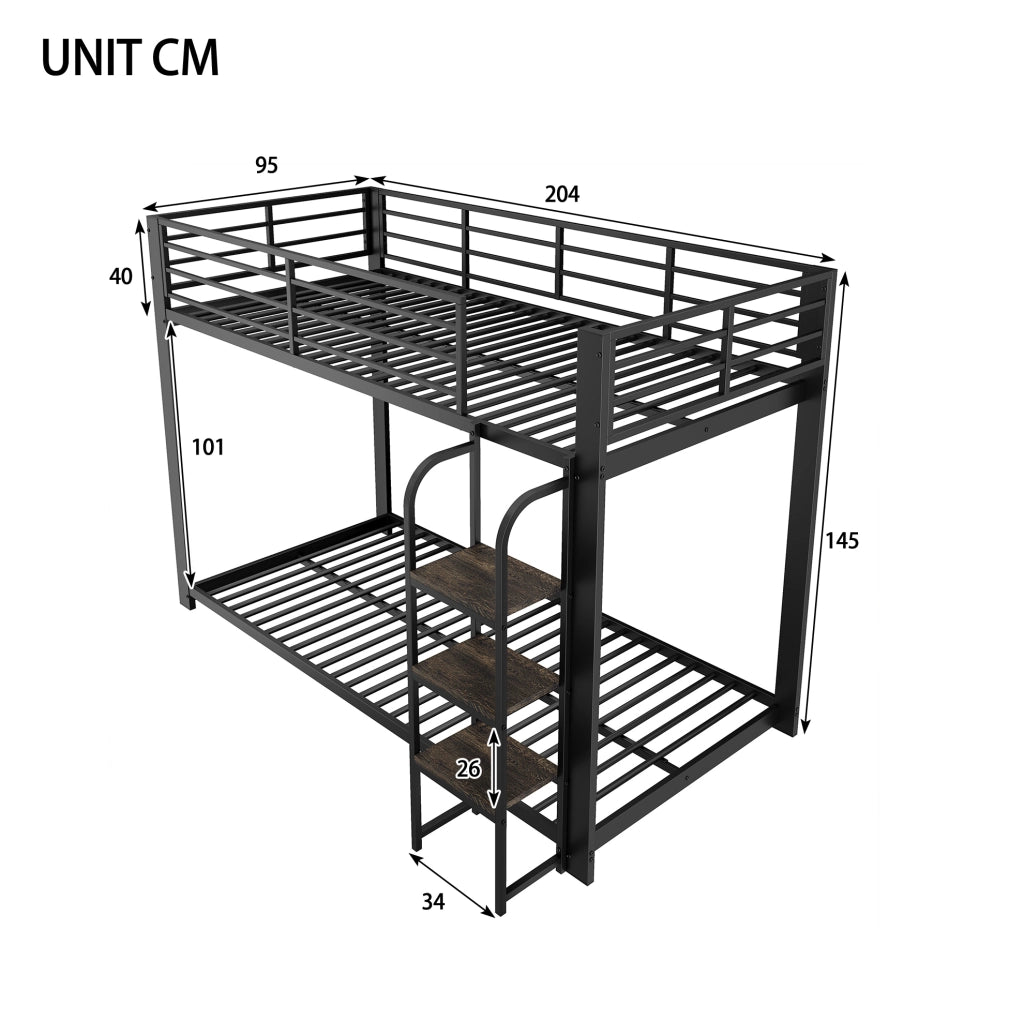 Letto a castello 90x200 cm in metallo e MDF; nero; con scala ampia e protezione anticaduta
