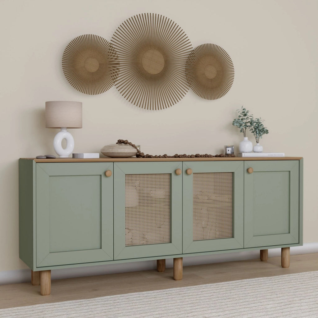 Credenza "Bohemian" in legno e canna - 180 x 40 x 75 cm - Verde