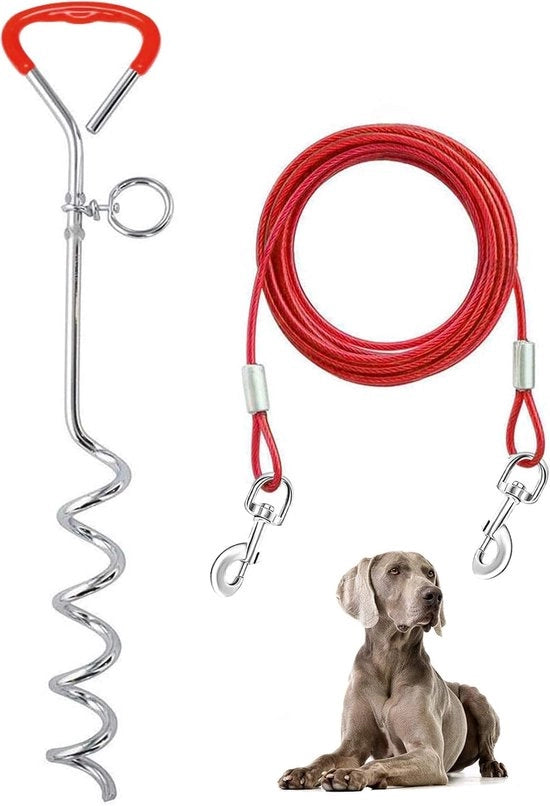 Cavo e palo per cani, esterno, giardino e campeggio, per cani di taglia media a grande fino a 57 kg, palo 16", cavo di 32/30/25/20/16/15/10/6 m con molla in materiale resistente e ganci metallici per esterno (9,1 m) - rosso - 30 ft