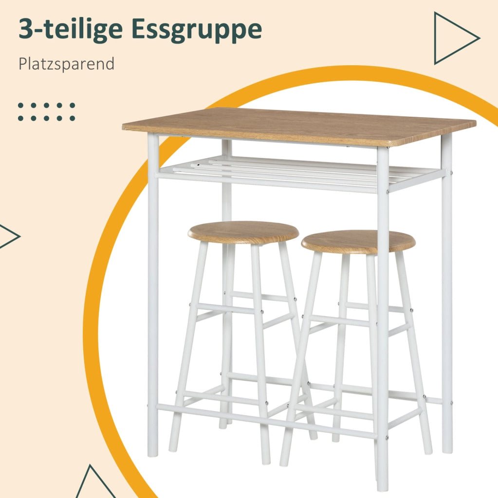 Set tavolo bar 3 pezzi con 2 sgabelli e ripiano, bianco