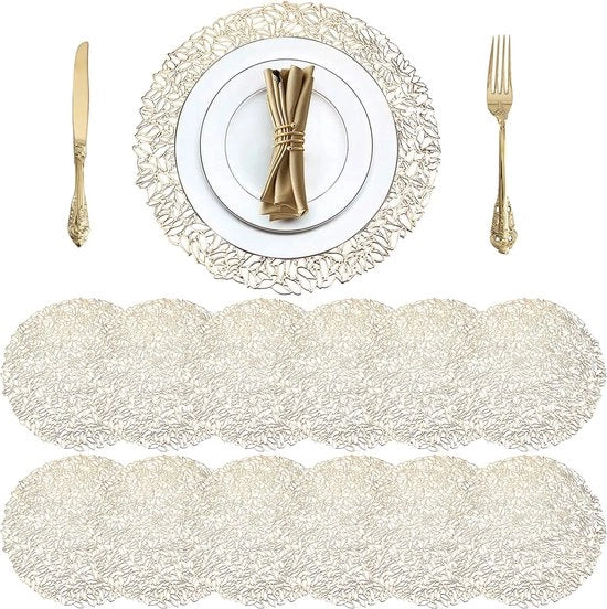 12 pezzi di 38 cm piatti di vinile rotondi stampati a rilievo con superficie antiscivolo e asciugatura rapida, placemats d'argento per il matrimonio da tavola da pranzo decorazione per la cucina