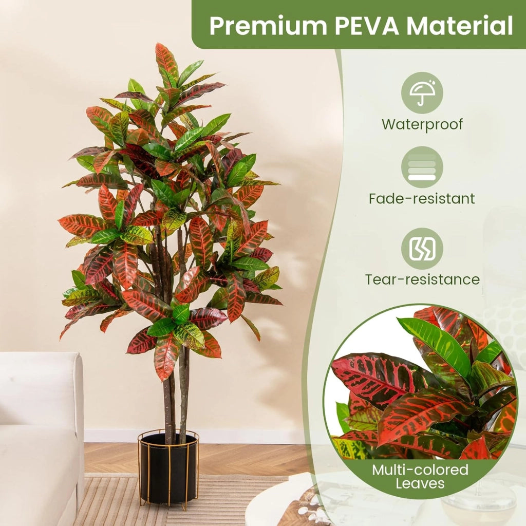 Pianta artificiale Crotone 150 cm, albero in vaso con foglie multicolori in PEVA, tronco in legno massello, muschio realistico, albero crotone finto per soggiorno, ufficio, matrimonio, festa