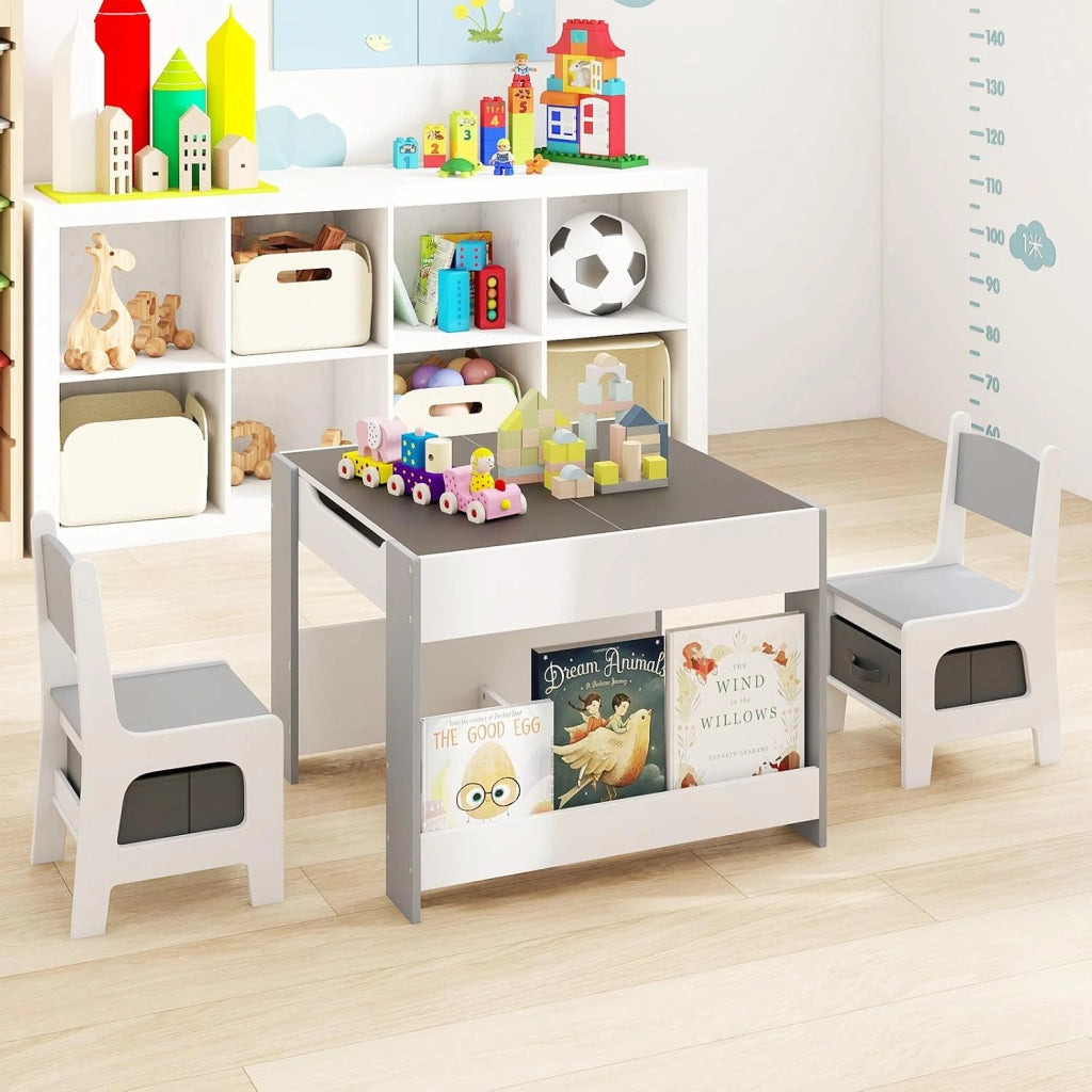 Set Tavolino Bambini con 2 Sedie per Bambini, Tavolo e Sedie 4 in 1 con Piano Doppa Faccia, Librerie Laterali e Scatola in Tessuto, Mobile Salvaspazio per Asilo e Cameretta (Grigio, Stile 2)