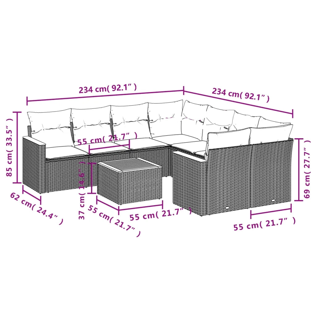 Set Divano da Giardino 9 pz con Cuscini Grigio in Polyrattan 3258231