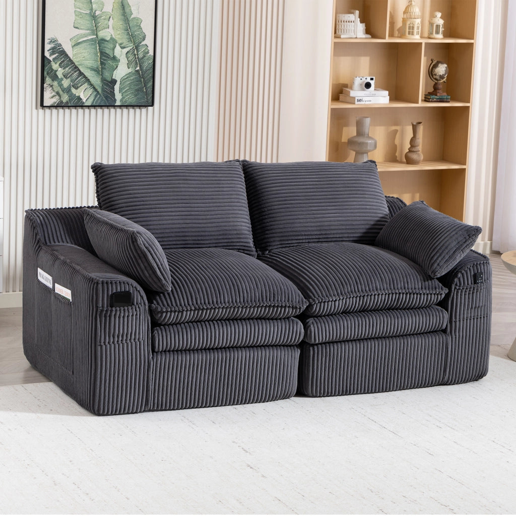 Divano 2 posti in velluto a coste grigio scuro con cuscini tasche laterali e molle integrate 191 × 94 × 85 cm