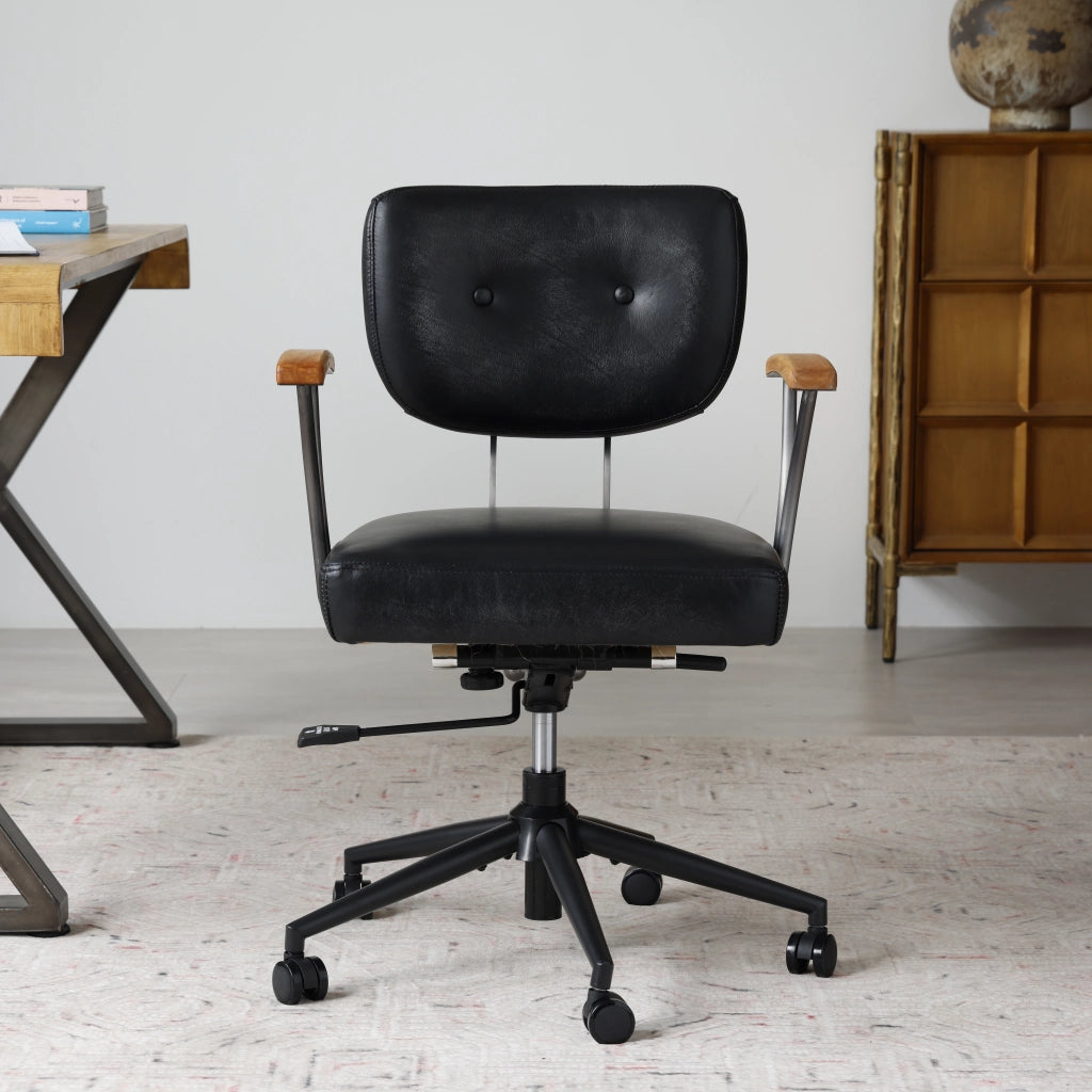 SEDIA Ufficio girevole in pelle nera con ruote e braccioli in metallo