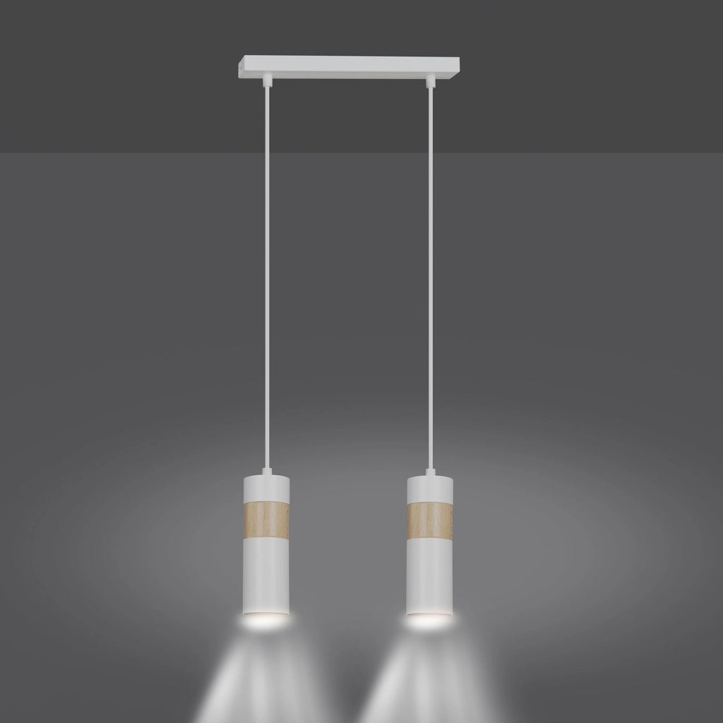 Lampadario 2 Luci Change In Acciaio Bianco A Cilindro Con Legno Naturale
