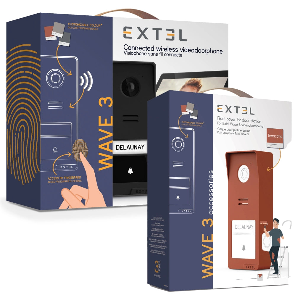 Extel Wave 3 Videocitofono Senza fili Smart Wi-Fi con impronta digitale e controllo da smartphone, Visione Notturna, Apertura da remoto + Cover Esterna Color Terracotta