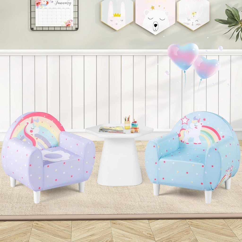 Divano per Bambini a Forma di Unicorno 55 x 40 x 55cm, Poltrona Imbottita con Tessuto Elastico Traspirante e Riempimento in Spugna, Mobile Moderno per Cameretta (Blu)