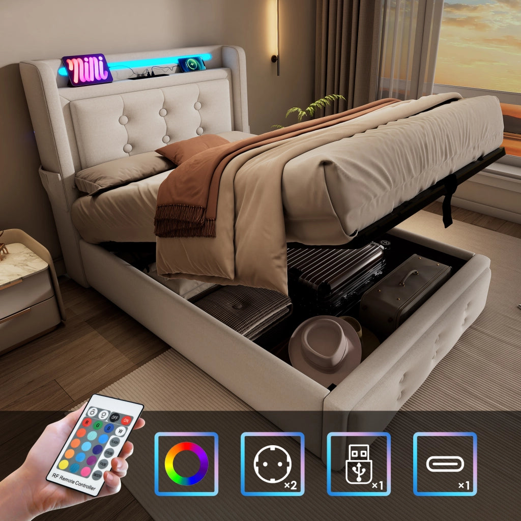 Letto Contenitore Letto Singolo 90×200 cm con USB; USB-C e LED; senza Materasso; Beige