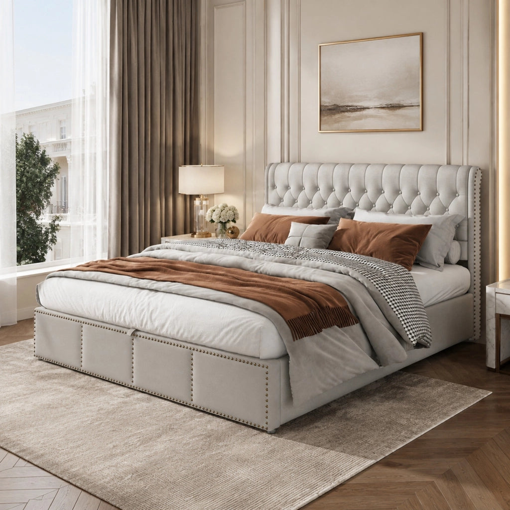 Letto imbottito 160 x 200 cm in lino grigio con contenitore, stile europeo minimalista, senza materasso