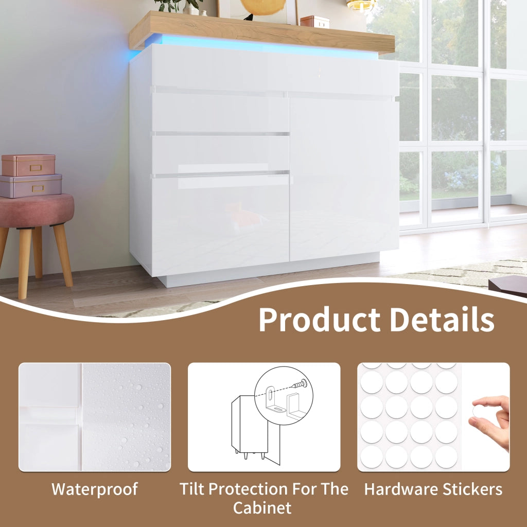 Credenza lucida con 2 ante e 3 cassetti, LED e ripiani regolabili, bianca 110 × 39 × 115 cm