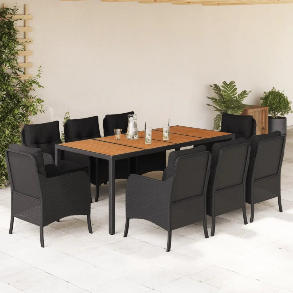 Set da Pranzo da Giardino 9 pz con Cuscini Nero in Polyrattan