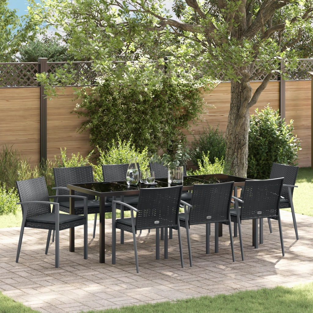 Set da Pranzo da Giardino 9 Pezzi con Cuscini in Rattan Nero