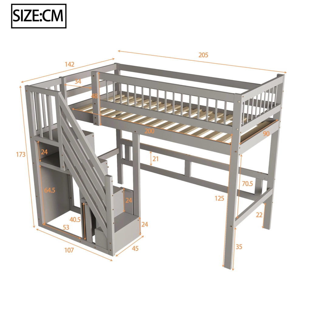 Letto alto singolo 90 x 200 cm in legno grigio con scala contenitore