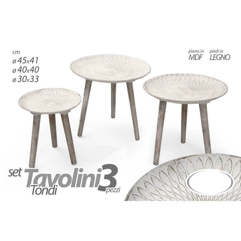 Trade Shop - Set 3pz Tavolini Piedi Legno Salotto Giardino Anticati ø45-40-30cm Tondi 783982 -