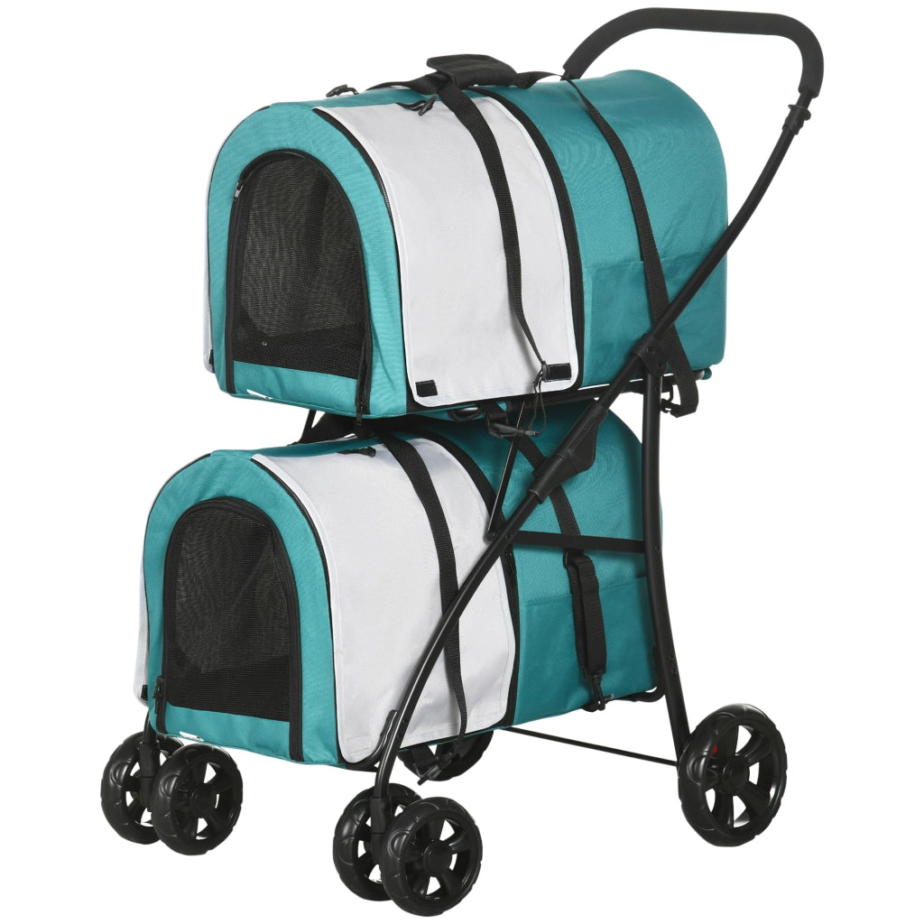 Passeggino Doppio per Animali Domestici ¨C Xylo ¨C Pieghevole con 2 Trasportini Rimovibili 66x50x98cm