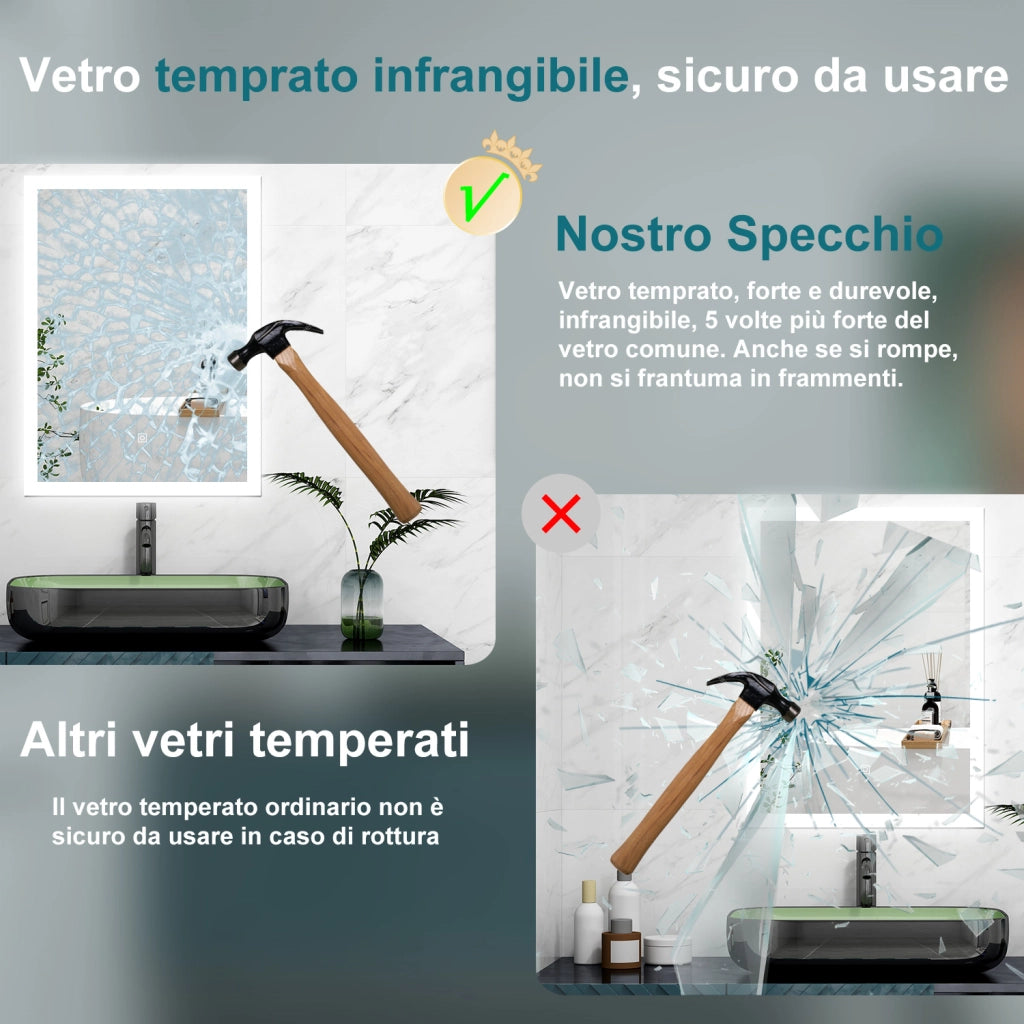 AICA Specchio 70x50cm,3 colori,Memoria, Antifog,Regorabile,Retroilluminato,doppio interruttore