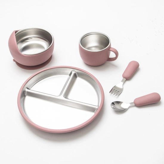 Bordo per Bambini - Bordo per Bambini con Fermo Cucchiaio - Bordo in Acciaio Inossidabile per Bambini - BPA-Non Tossico - Antiscivolo - Set di 5 Pezzi per Bambini - Bordo Vaschetta Cucchiaio Cucchiaio Cucchiaio - Rosso