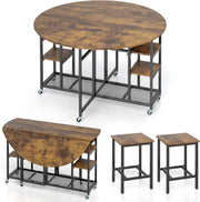Set da Pranzo Pieghevole a 3 Pezzi, Tavolo da Cucina Rotondo con Ampio Piano e 2 Sgabelli, Scaffali e 6 Ruote Universali, Tavolo da Pranzo per Soggiorno, Sala da Pranzo e Cucina