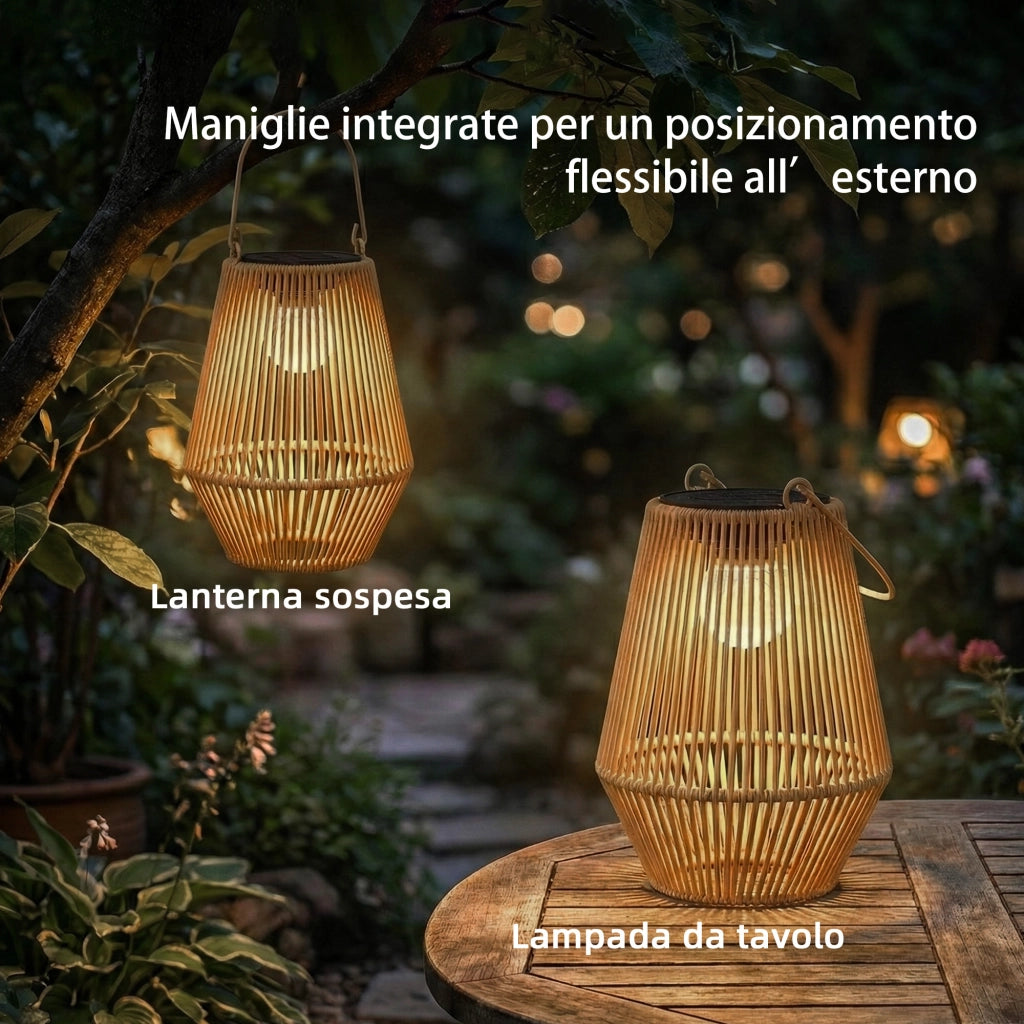 Set di 2 Lampade Solari 16x16x21 cm con Accensione e Spegnimento Automatico IP44 in Rattan Marrone