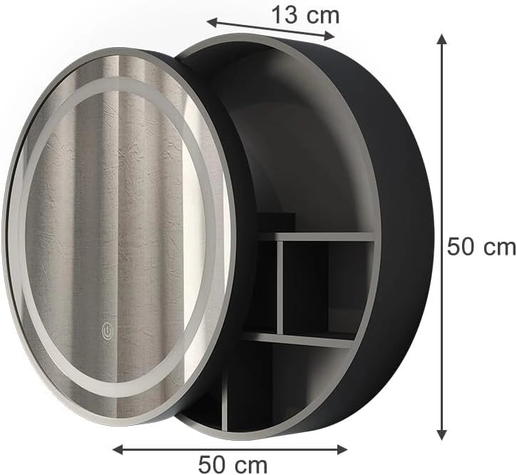 Specchio contenitore bagno Silva, Nero, 50 x 50 cm con 5 vani portaoggetti, per montaggio a parete con illuminazione LED integrata