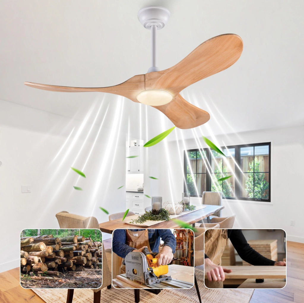 Ventilatore da soffitto con luce LED 42 pollici in legno massello; bianco naturale