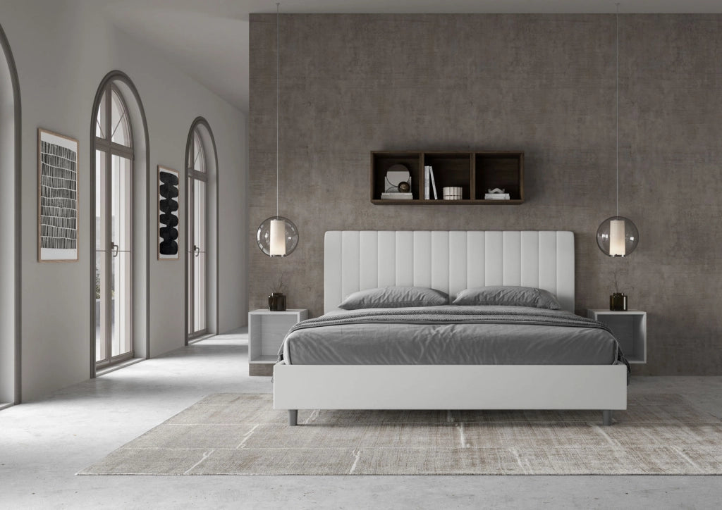 Letto Matrimoniale King Size 200x200 cm con Rete e Contenitore Imbottito in Similpelle Agueda Bianco