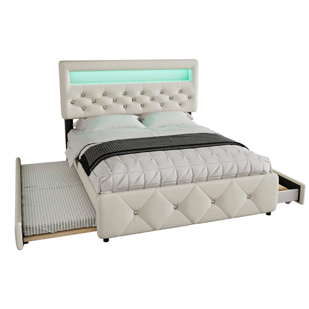 Letto adulto imbottito - Xylo - 140x200 cm - Beige - Con letto a scomparsa, 2 cassetti e comodino con LED