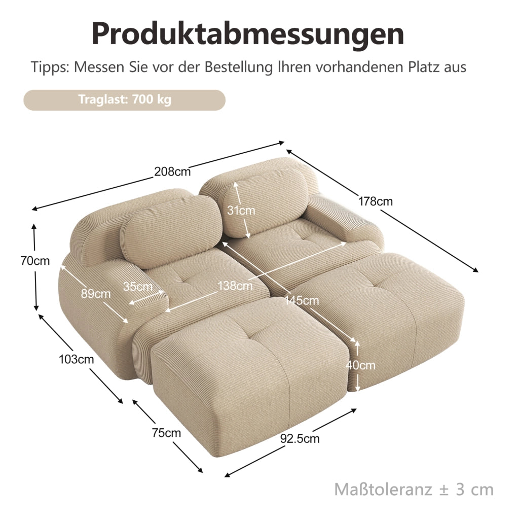 Divano angolare modulare in velluto a coste beige 208x178x70 cm; senza telaio