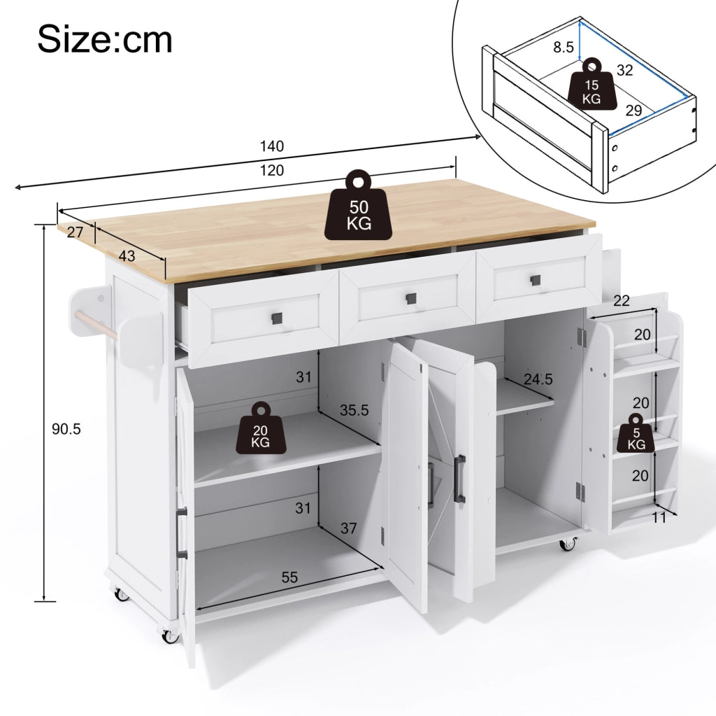 Isola cucina con piano ribaltabile 140x43(70)x90;5 cm; MDF bianco e naturale