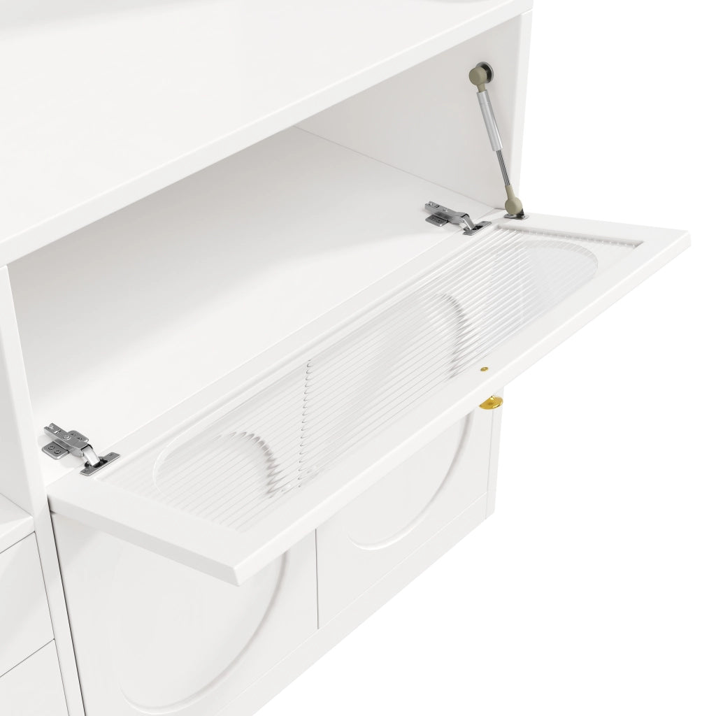 Credenza alta con vetrina, 3 cassetti e ripiani regolabili per cucina, bianco, 120 × 40 × 180 cm