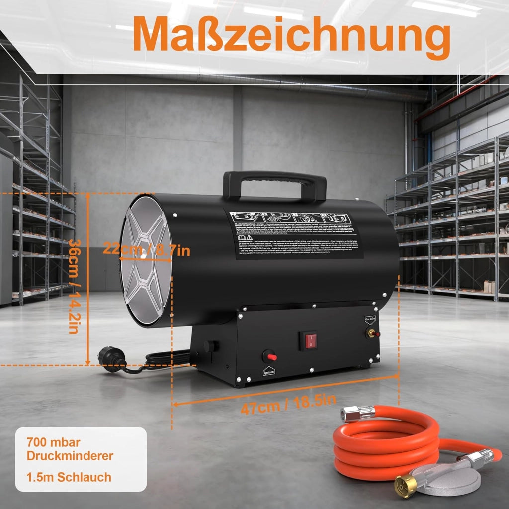 Ventola di riscaldamento a gas da 30 KW per interni in acciaio inox, riscaldamento a gas, con tubo di collegamento e regolatore di pressione del gas, per una superficie efficace 450 m²