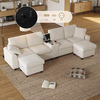 Divano a U in velluto - Xylo - Con 2 poggiapiedi, USB, Type-C, beige (315cm)