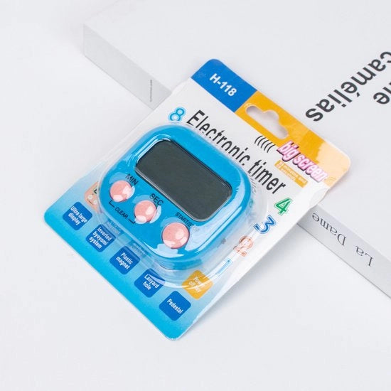Alarme digitale con timer e cronografo blu, con display LCD grande, stopwatch con stand magnetico pieghevole e funzione di sveglia per pochi minuti.