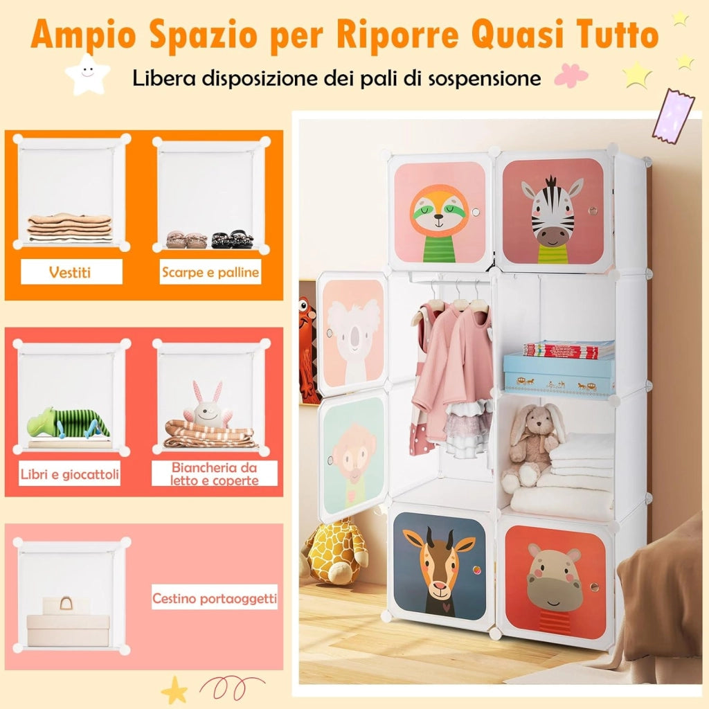 Guardaroba Portatile per Bambini, Armadio Guardaroba Modulare per Bambini con 8 Cubi, per Soggiorno, Camera da Letto, 75 x 35 x 145 cm