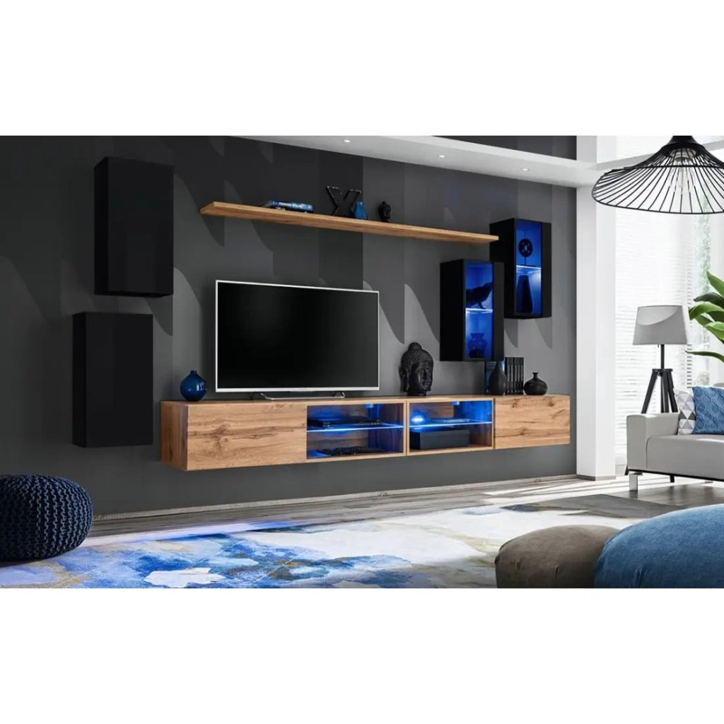 Set di mobili per soggiorno SWITCH XXV – LED – Nero e Rovere – Design sospeso