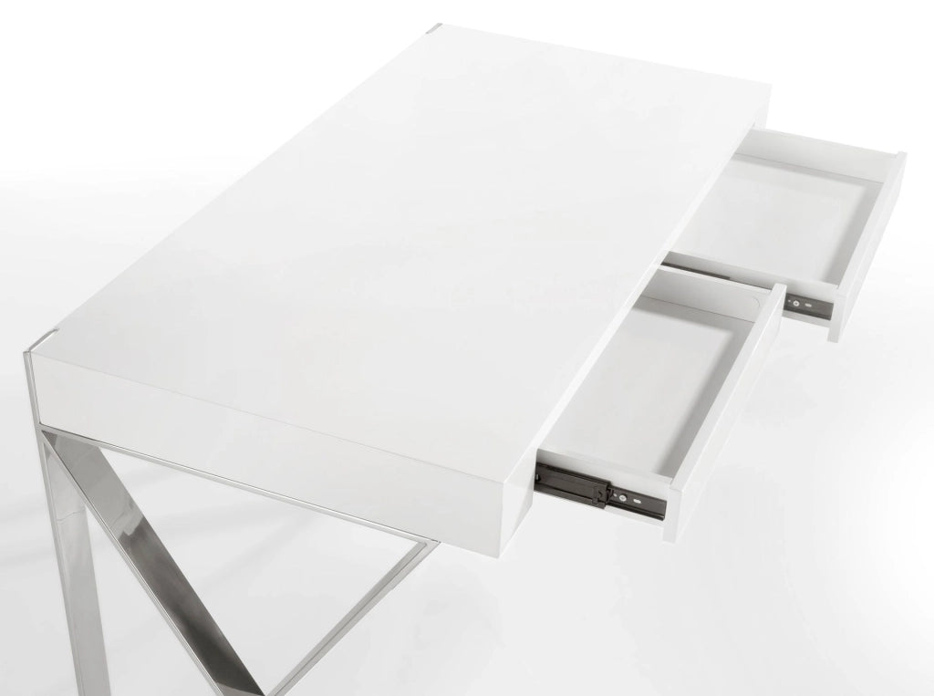 Scrivania in legno bianco e acciaio cromato