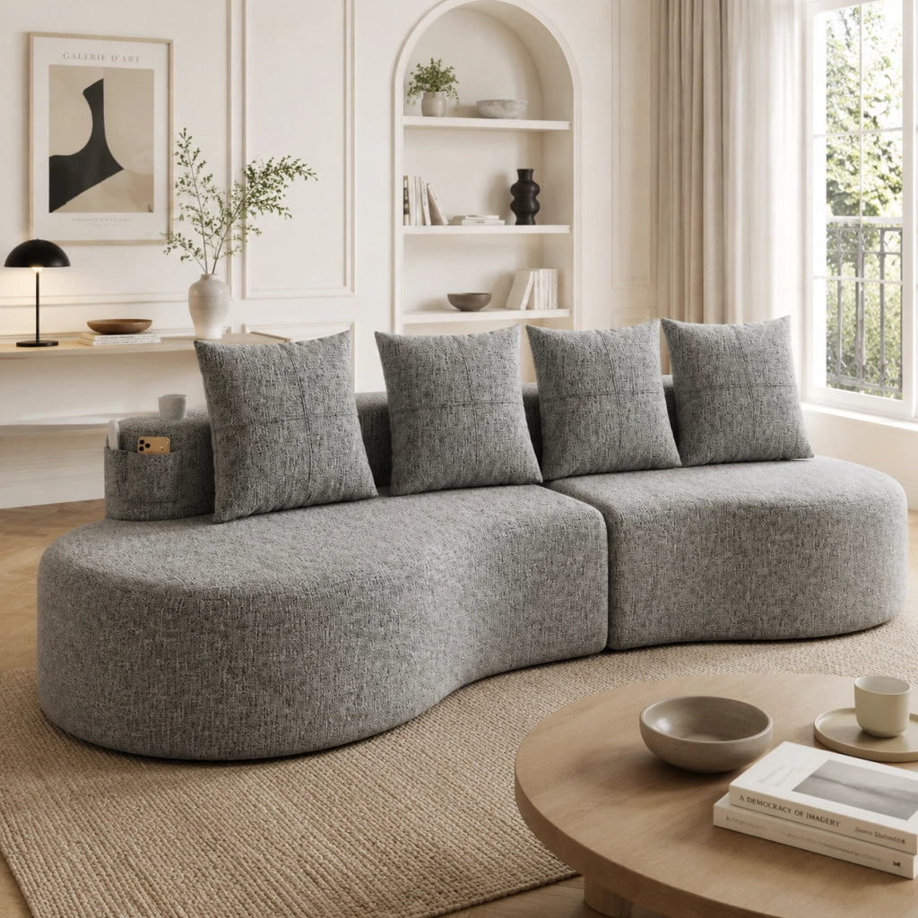 Divano in lino grigio chiaro con 4 cuscini, portabicchieri e tasche laterali, 240x109x60 cm