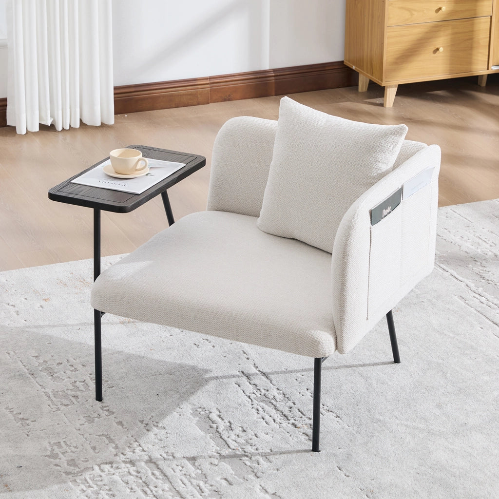 Poltrona relax con tavolino laterale e tasche portaoggetti - in chenille beige