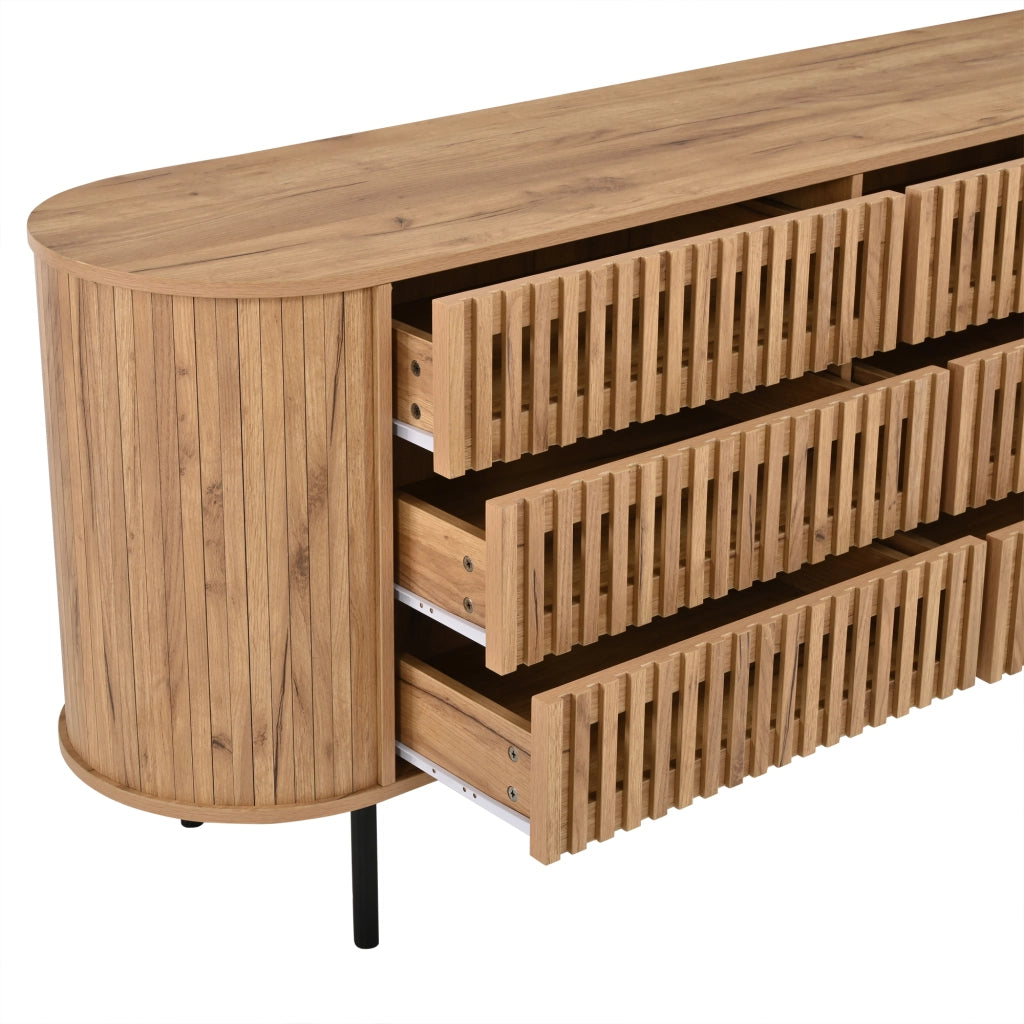Madia con 6 cassetti e gambe in metallo; design a lamelle traforate per soggiorno e ingresso; 160×40×70 cm