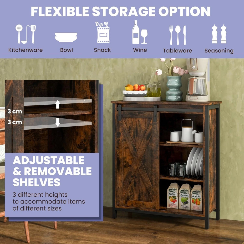 Credenza da Cucina, Mobile Buffet con Porta Scorrente in Stile Granaio, Armadio da Pranzo con 6 Scompartimenti e Ripiani Regolabili a 3 Livelli, Mobile Industriale, 70 x 30 x 81 cm