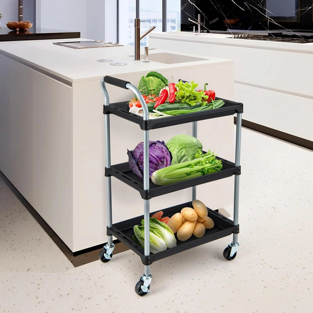 Carrello Utensili a 3 Strati, Carrello Porta Attrezzi con Manico Imbibito e Ruote Universali Bloccabili per Garage, Magazzino, Officina e Cucina, Portata 45 kg, 64 x 40 x 102 cm