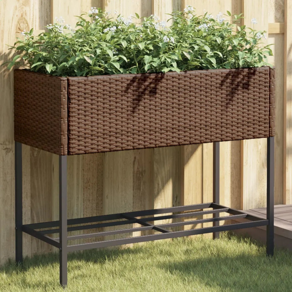 Fioriera | Cassetta per fiori | Vaso da Giardino con Ripiano Marrone in Polyrattan