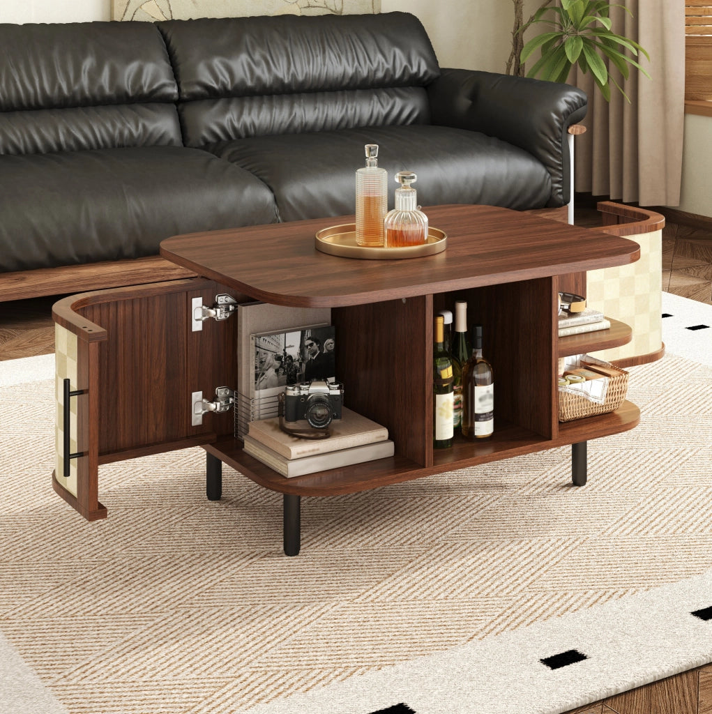 Tavolino da caffè 80x60x47 cm con forma curva e vani laterali in MDF color noce