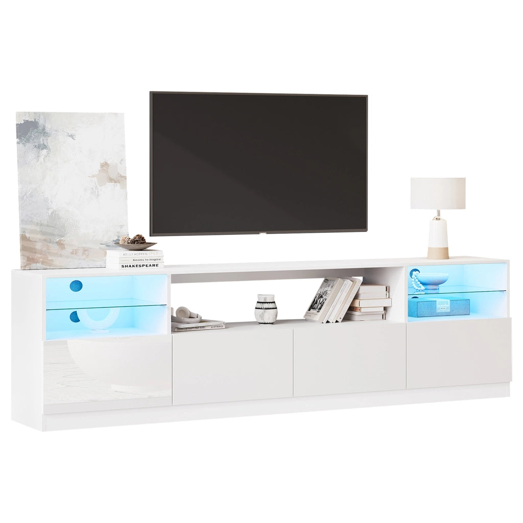 Mobile porta TV con LED, 4 ante e 8 vani contenitore, per soggiorno, in truciolato bianco lucido, 180 × 35 × 60 cm
