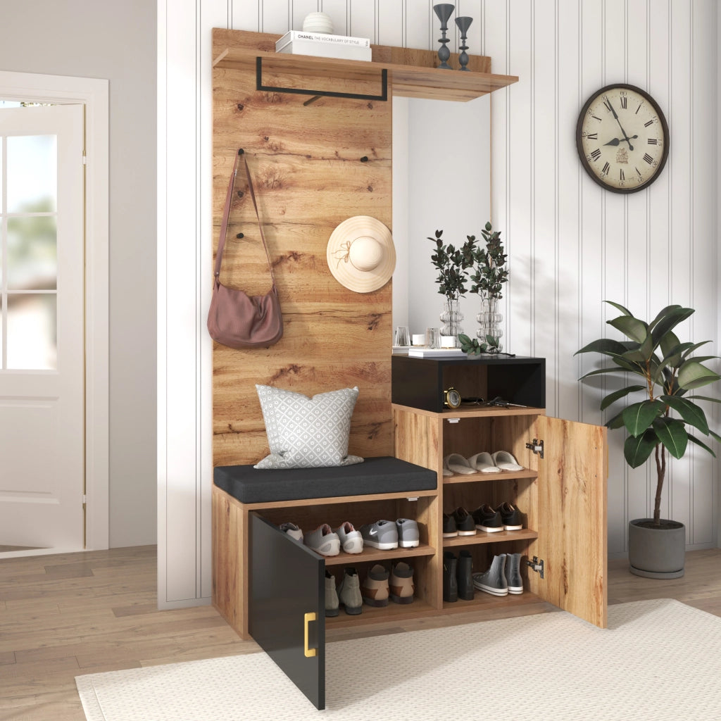 Mobile Ingresso con Specchio; 2 Vani Scarpe; Panca; 4 Ganci e Barra Appendiabiti; in MDF; Nero; 105¡Á40¡Á191;5 cm