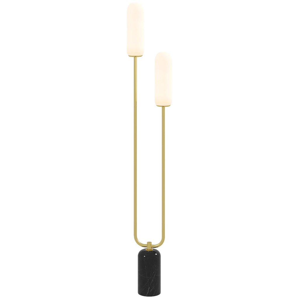 Lampada da terra ¨C Minimal ¨C base in marmo, 2 paralumi in vetro, interruttore a pedale, bianco