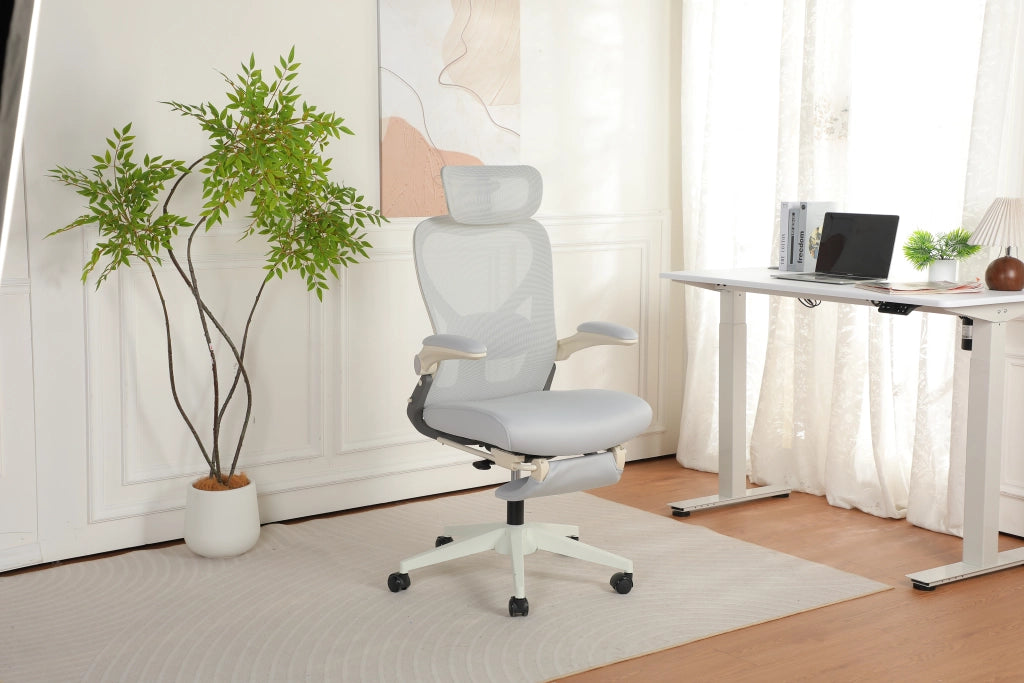 Sedia da ufficio ergonomica pieghevole con supporto lombare, poggiatesta 3D e funzione di inclinazione in schiuma grigio