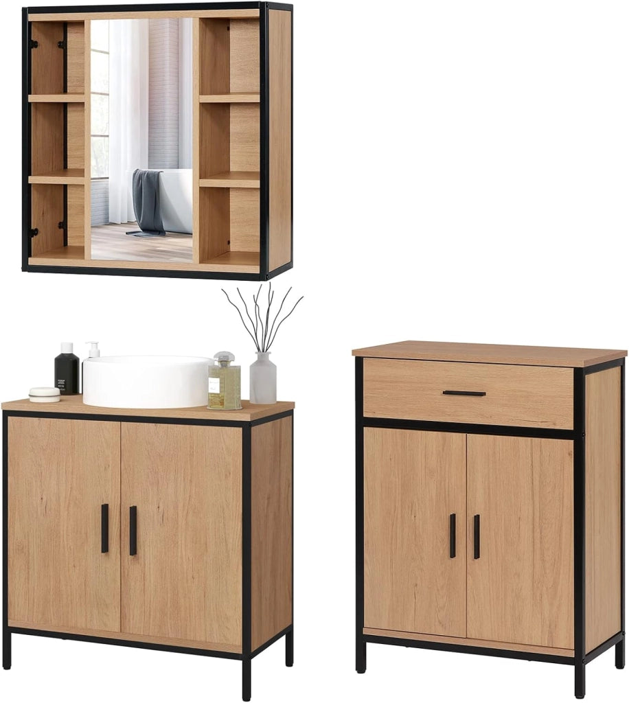 Set di mobili da bagno con armadietto a specchio, per bagno, cassettiera da bagno in metallo + legno modello 10